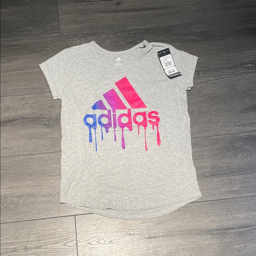 Adidas Kids Gray Tee with Pink and Blue Drip Logo
